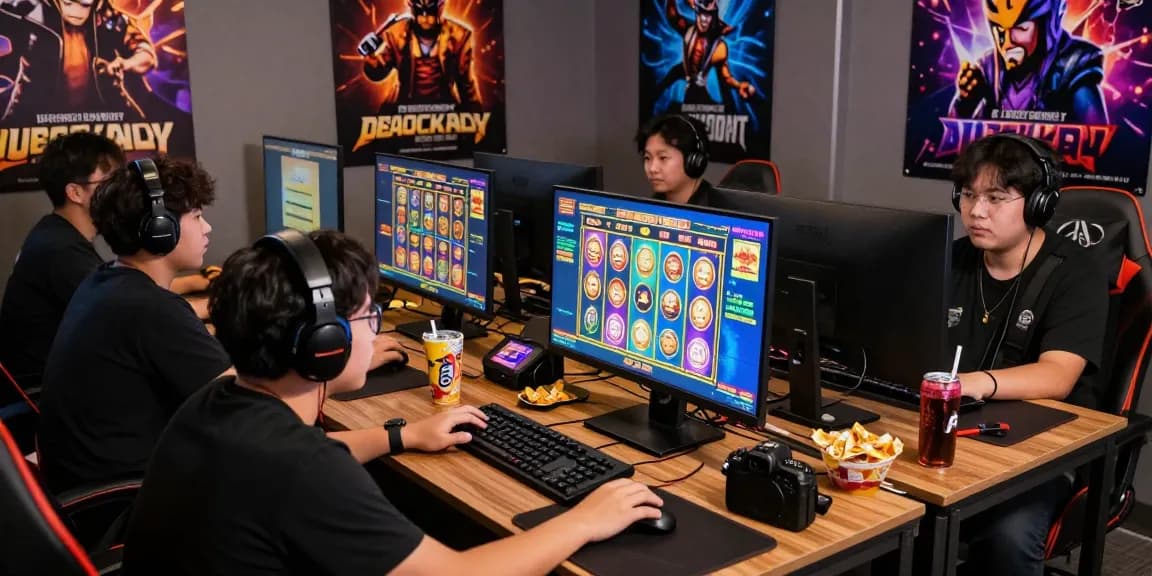 Exciting gaming scene showcasing players engaging in deposit pulsa tanpa potongan slot games with vibrant visuals and snacks.