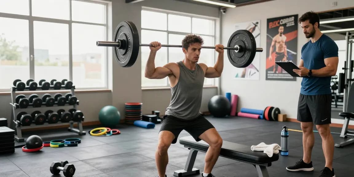 Person training at Deus Medical Shop gym, lifting weights in a bright, energetic environment.