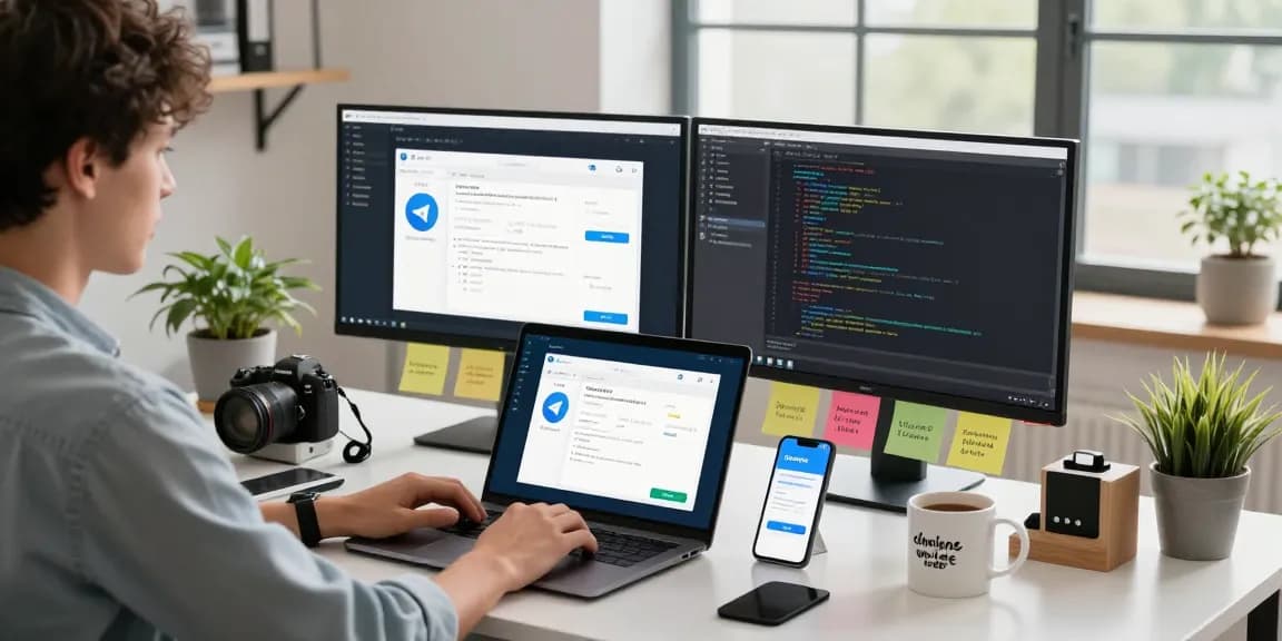 Exploring the features of the telegram chinese free app on a modern workspace with a laptop and smartphone.