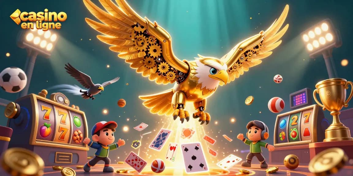 Actionner des gains dans le casino en ligne avec un aigle doré cybernétique et des éléments de jeu captivants.