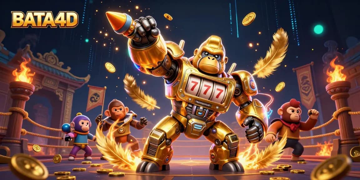 BATA4D features an explosive gaming scene with a golden mech and vibrant casino elements.