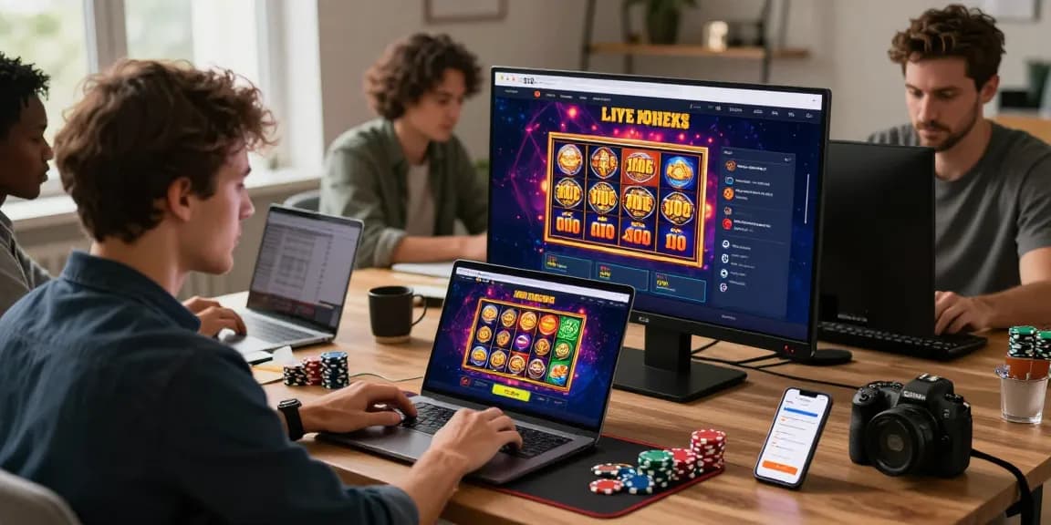 Engaging online gambling experience at raja328masuk.com with players using laptops and smartphones.
