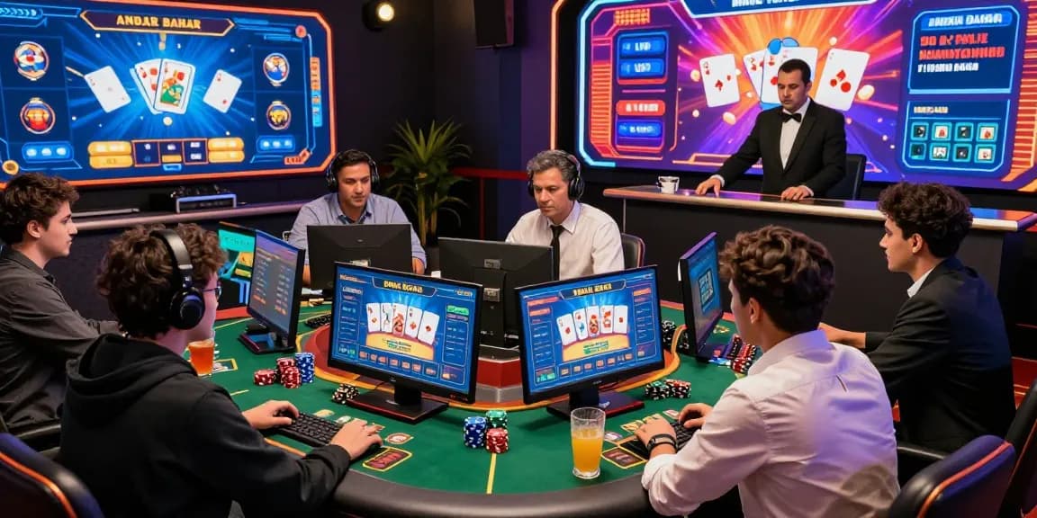 Exciting Andar Bahar online gaming scene with players engaged at virtual tables, showcasing real dealers and interactive elements.