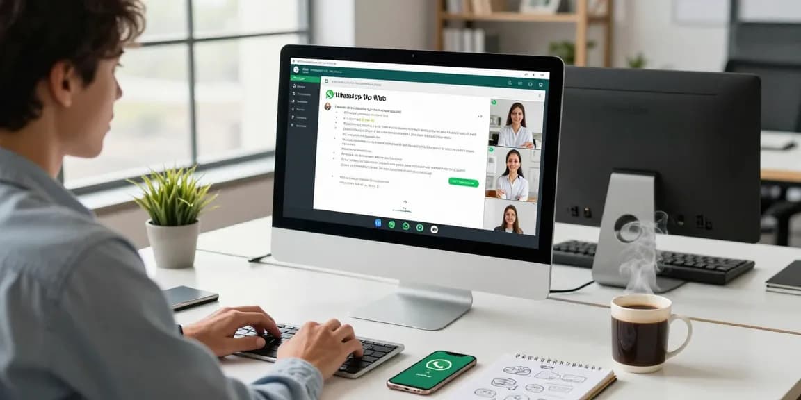 Using WhatsApp網頁版 in a modern office with collaborative elements and a clean workspace.