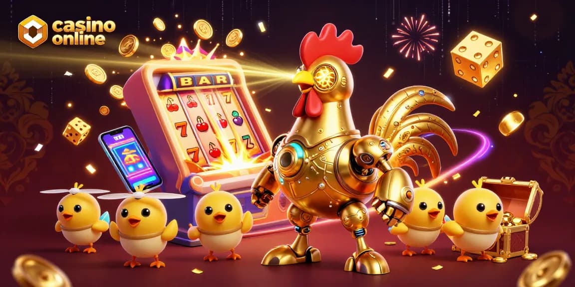 Captură dintr-un casino online, cu simboluri de sloturi și un robot aurit avansat.
