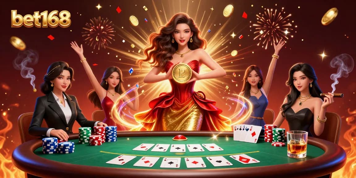 bet168 players enjoy a rich poker scene with vibrant characters and win big in this dynamic casino illustration