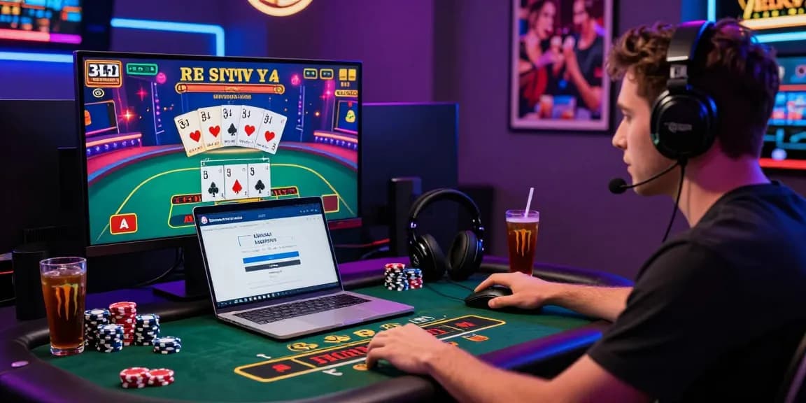 Lemacau Login interface shown on laptop while an excited player engages with online casino games, creating a dynamic gaming atmosphere.