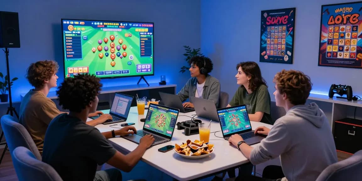 Pengalaman bermain ratutogel online dengan suasana hangat, teman berkumpul di depan layar besar, fokus pada permainan.
