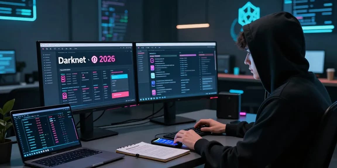 Explore the Best Darknet Markets 2026, showcasing a dynamic digital landscape with a user engaged in dark web activities.