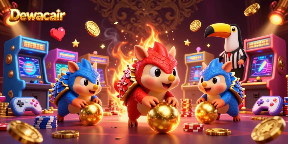 Dewacair pangolins competing in a lively casino scene with poker chips and vibrant arcade elements.