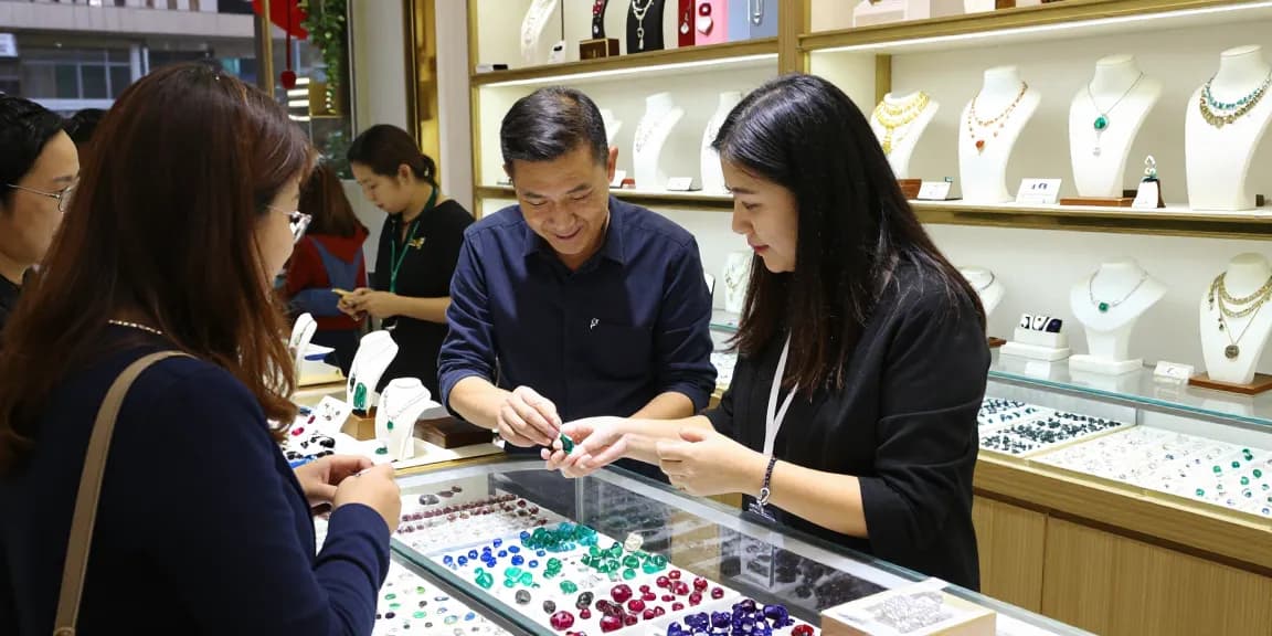 A customer explores gemstones at https://www.mygemspot.com in a bright jewelry store.