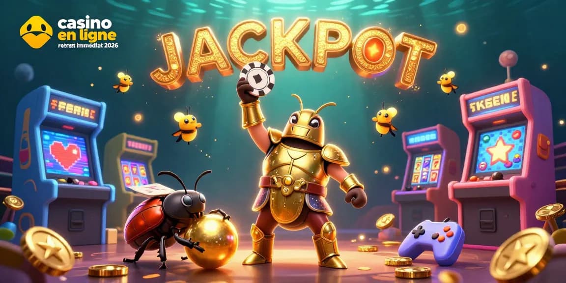casino en ligne retrait immédiat 2026 : Illustration dynamique d'un insecte en armure gagnant avec des éléments de jeu.
