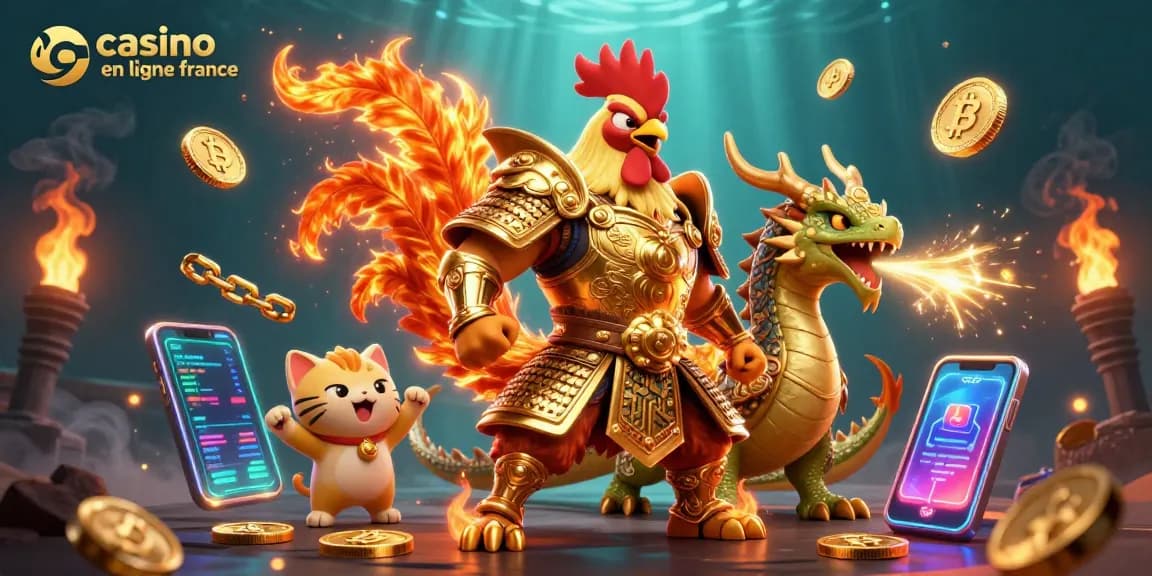 Engage in thrilling games at casino en ligne france with a dynamic 3D scene featuring unique characters and crypto elements.