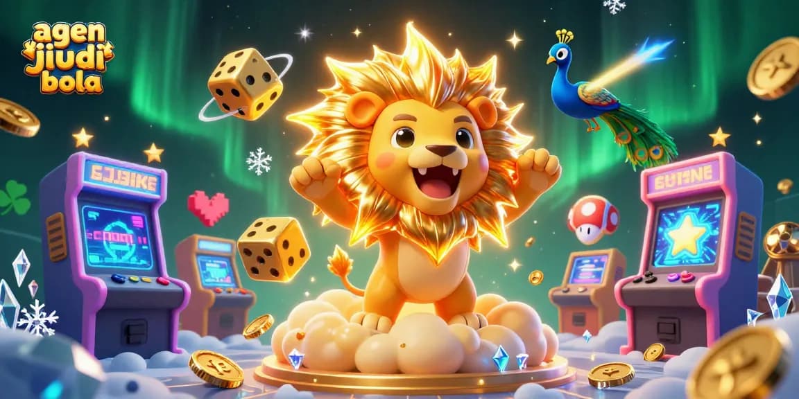 Engage with agen judi bola in this vibrant 3D scene showcasing casino elements and gaming excitement.