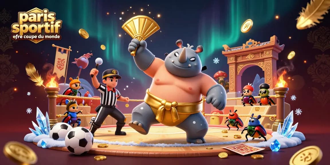 Paris sportif offre coupe du monde : Illustration dynamique avec un rhinocéros sumo et des éléments de paris sportifs.
