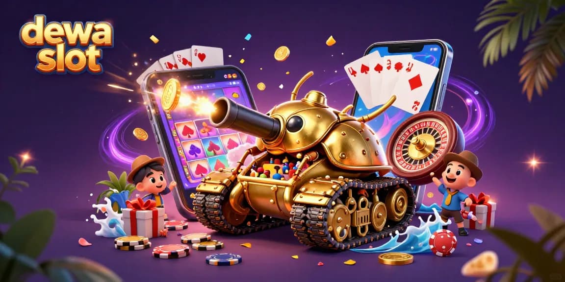 Spin the dewa slot reels in a vibrant, dynamic casino scene with a golden beetle tank theme.