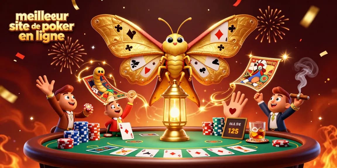 Visuels captivants du meilleur site de poker en ligne avec un papillon atlas et des jetons de casino.
