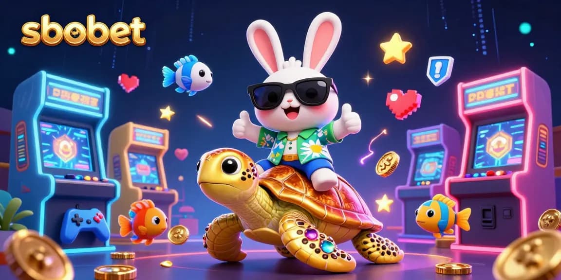 Bet on sbobet with a lucky rabbit celebrating victory aboard a golden turtle, surrounded by bright gaming elements.