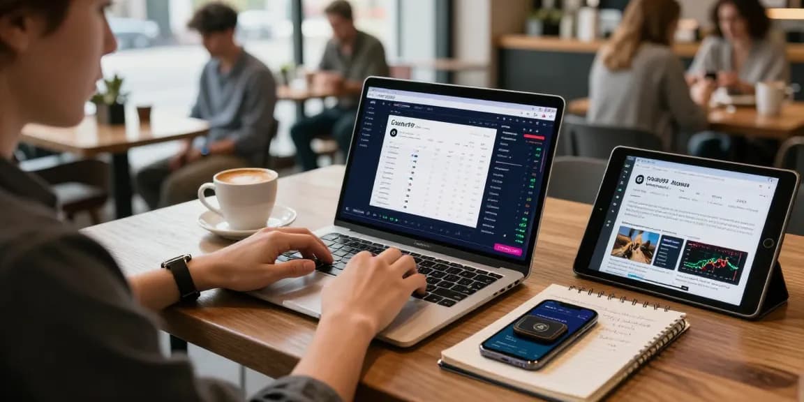 Cricbet99 crypto platform on laptop screen in an engaging coffee shop setting, showcasing digital wallet and investment strategies.