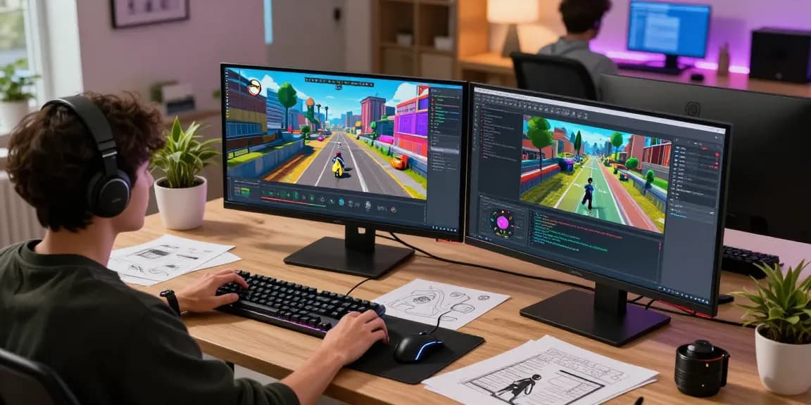 FiveM assets showcased on dual monitors in a lively gaming development workspace, highlighting collaboration and creativity.