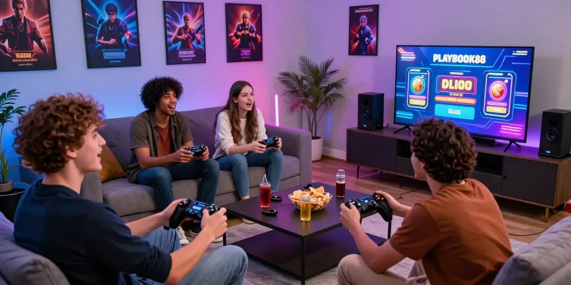 Friends enjoying an exciting gaming session with PLAYBOOK88 links displayed on the TV, emphasizing their community and engagement.