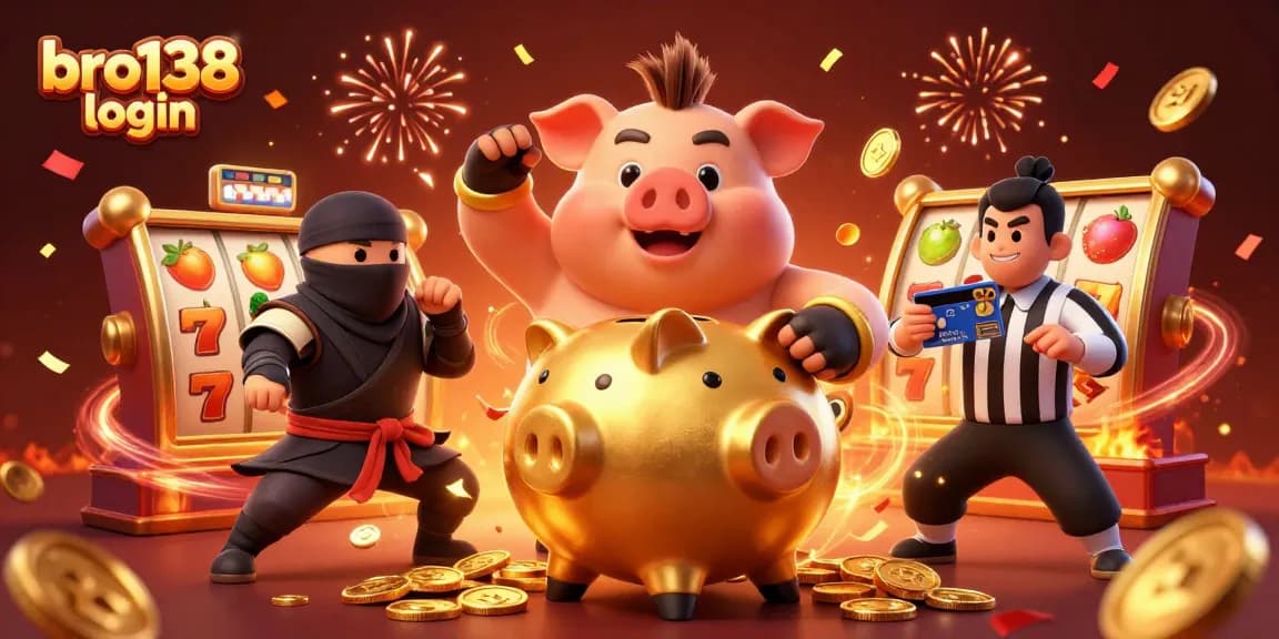 Engage in gaming excitement with bro138 login as the golden piggy bank sumo wrestler and friends celebrate riches.