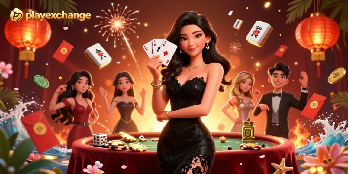 Experience thrilling gameplay with playexchange, featuring a glamorous dealer and vibrant casino elements.