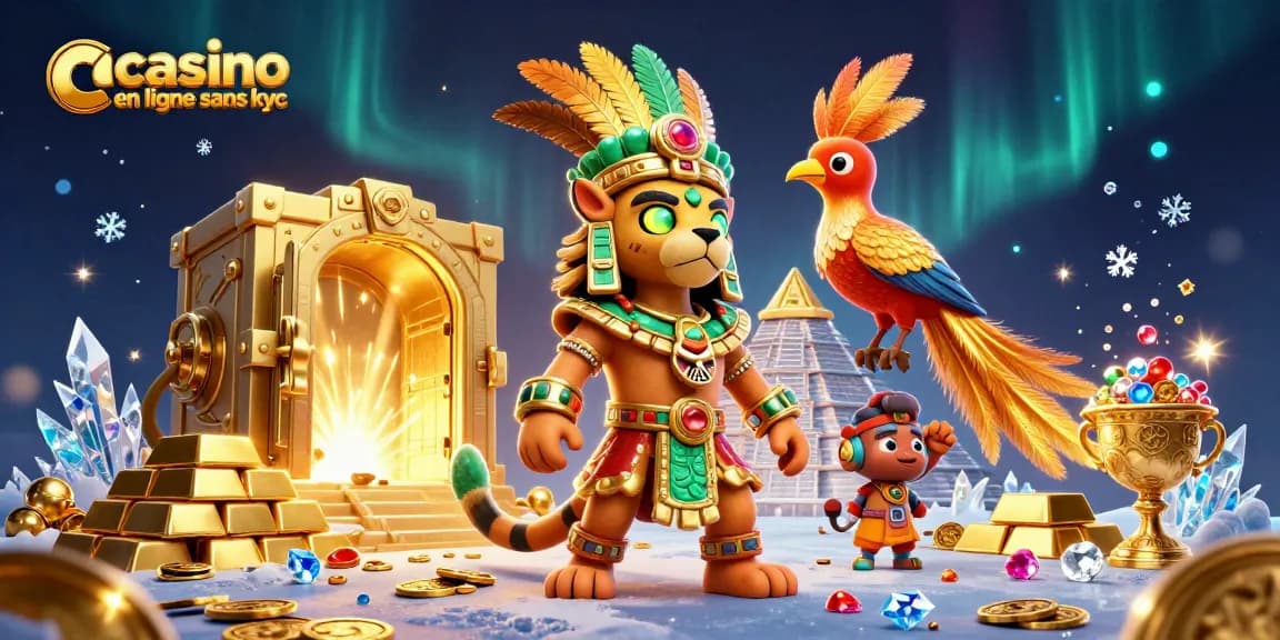Plongez dans l'univers du casino en ligne sans kyc avec des personnages colorés entourés de trésors scintillants.