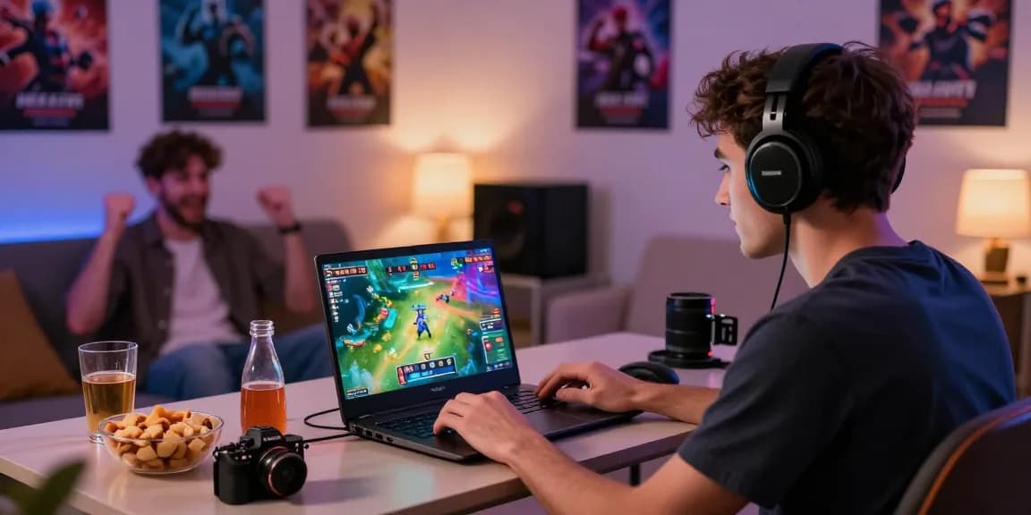 Enthusiast playing 68 game bài online in a cozy gaming setup, colorful graphics on screen.