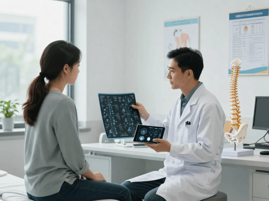 Patient discussing bel fıtığı ameliyatı with orthopedic surgeon, showcasing modern medical consultation environment.