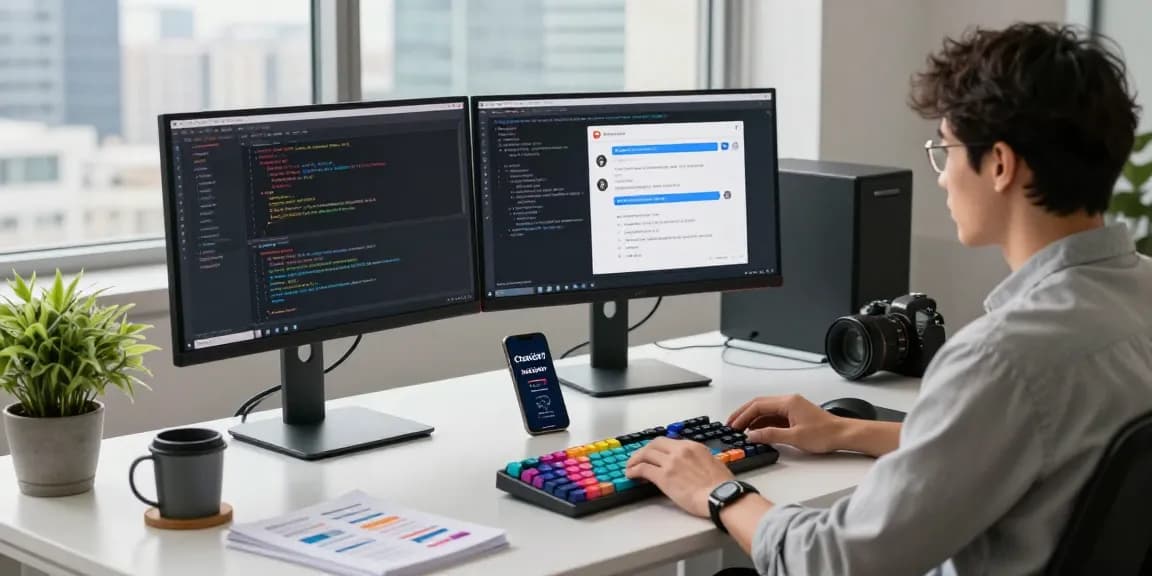 Workspace with developer reviewing ChatGPT alternatives on monitors, featuring advanced tech gear and a sleek office setting for innovative AI development.