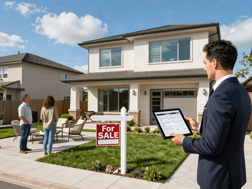 Showcase of a modern home with an agent discussing depo 10k details with prospective buyers.