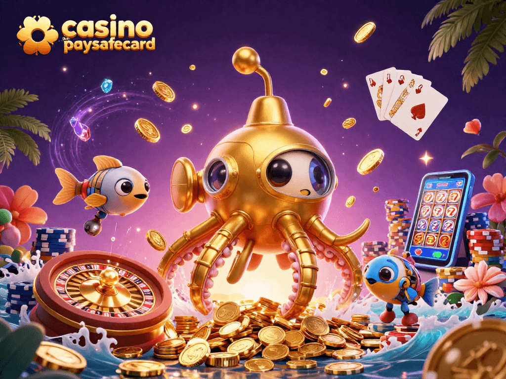 Jouez à casino en ligne paysafecard avec un kraken doré, machines à sous et nombreux jetons colorés.