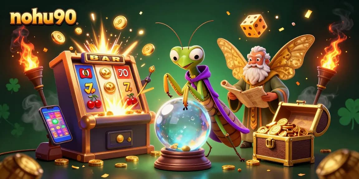 Nohu90 features a vibrant 3D scene with a fortune teller and slot machine action, engaging players in thrilling gameplay.
