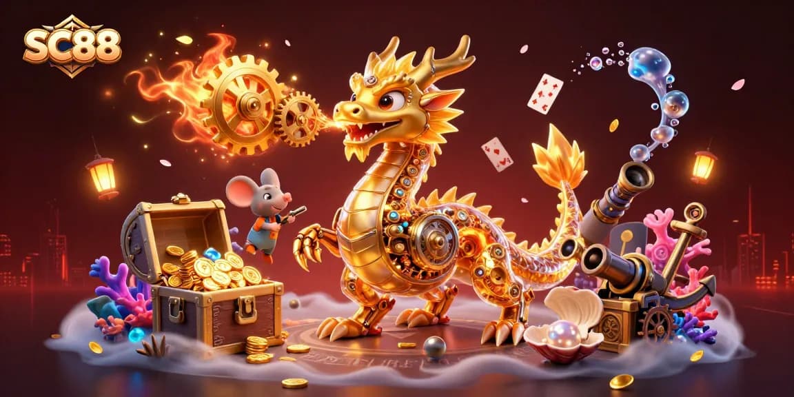 Engaging SC88 casino scene with a mechanical dragon among treasure, coins, and game elements for gamblers.