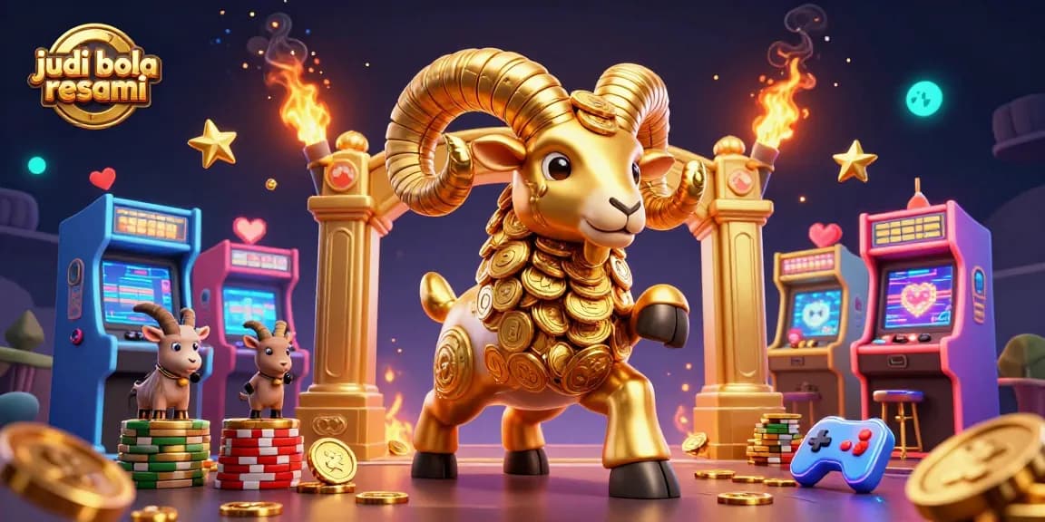 Engage in judi bola resmi with vibrant gaming elements and a spectacular golden ram scene in this 3D illustration.