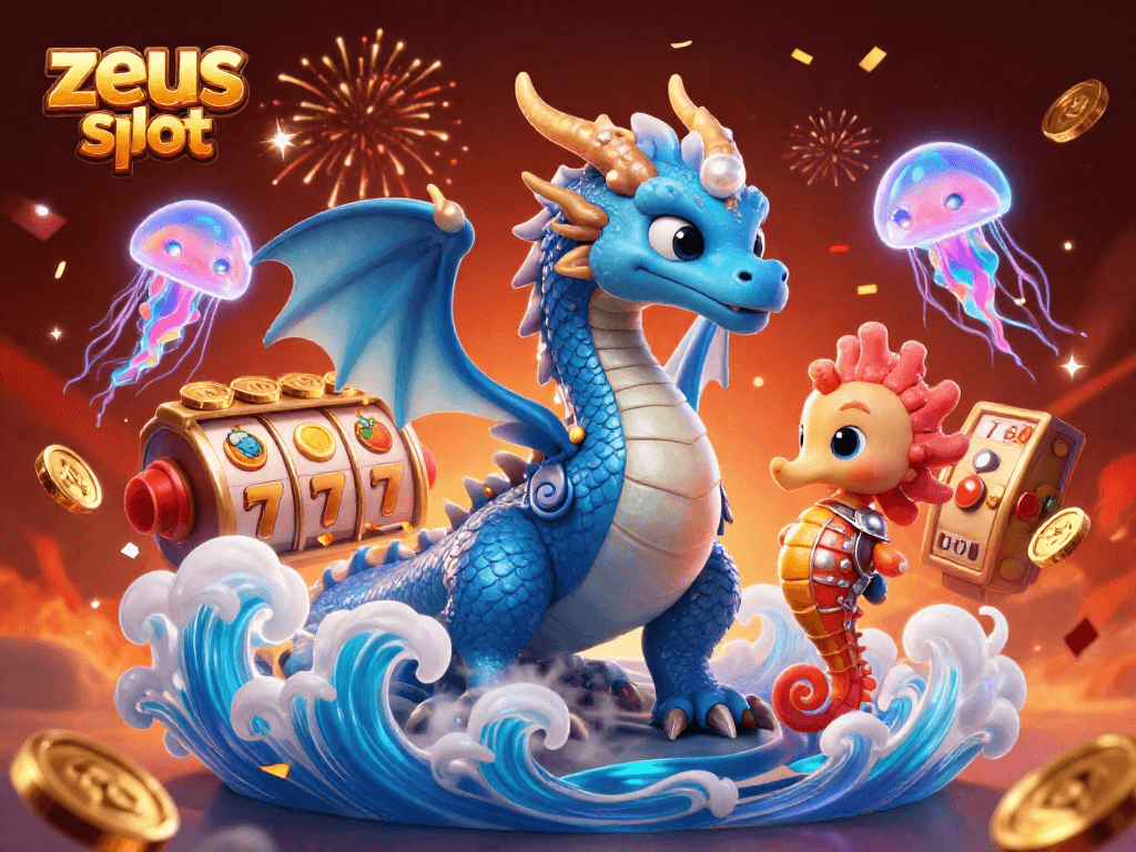 Experience the zeus slot adventure with an azure dragon and seahorse amidst vibrant casino elements.