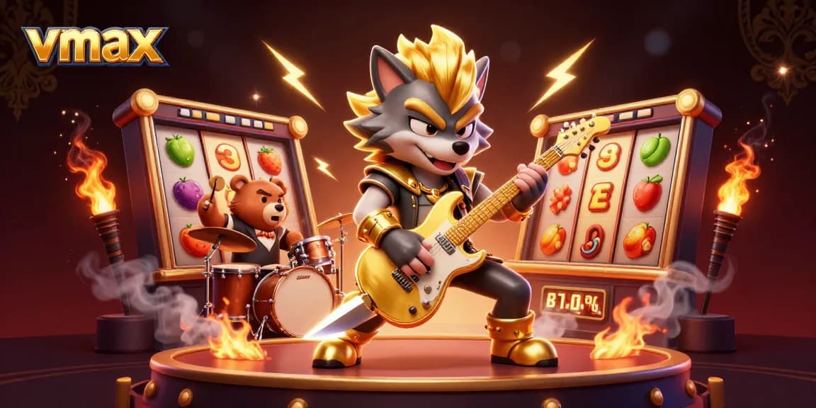 Experience the thrill of vmax gaming with a fiery rock star wolf and vibrant slot reels in action.