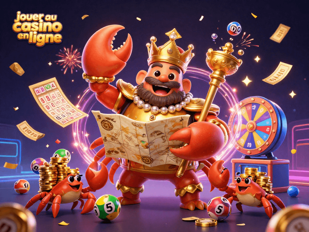 Jouer au casino en ligne avec des personnages riches en éléments de jeu, crabes dorés, boules de loterie et tickets en pleines festivités.