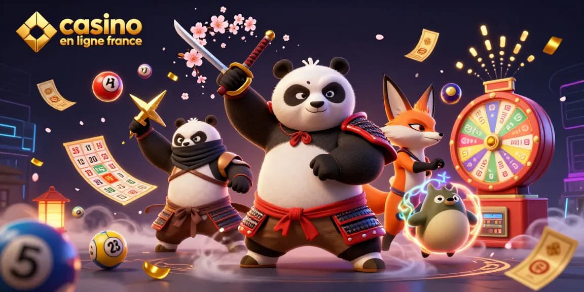Jouez au casino en ligne France avec un panda samouraï et un renard ninja dans une scène dynamique