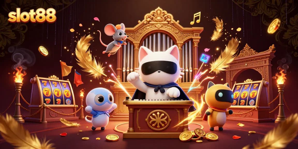 Spin the reels with slot88 amidst a rich casino scene featuring vibrant characters and golden treasures.