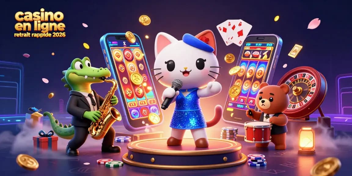 Casino en ligne retrait rapide 2026 mettant en avant une scène dynamique de jeux de casino avec des personnages animés colorés.