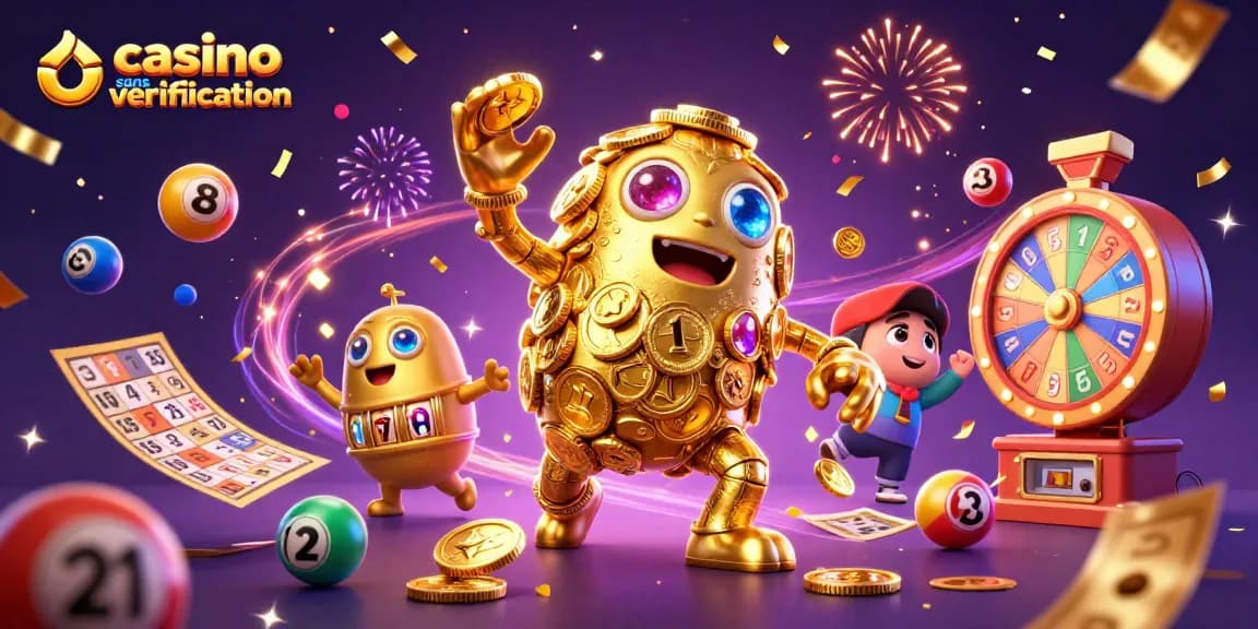 Jouer dans un casino sans vérification avec un golem doré entouré de ballons colorés et d'effets de fête.
