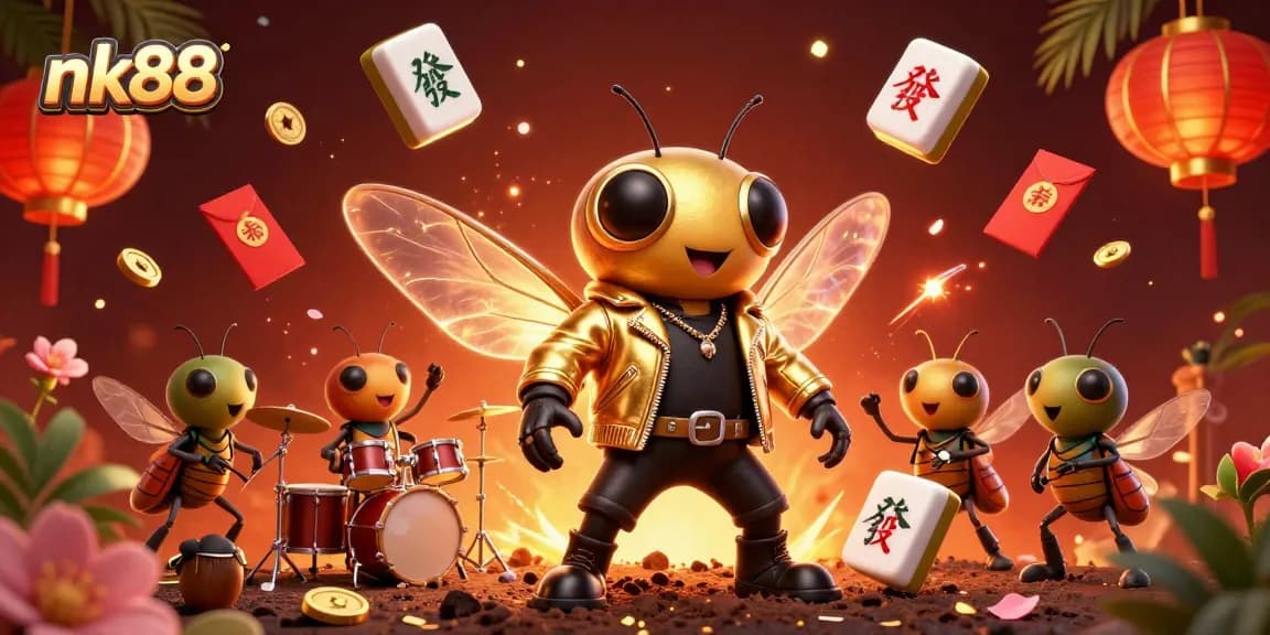 Feel the excitement with nk88 as a rock star cicada bursts onto the gambling scene surrounded by vibrant casino elements.