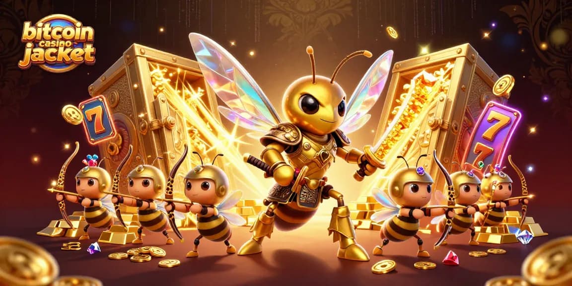 Experience thrilling wins at bitcoin casino jackpot illustrated by vibrant golden characters and slot symbols.