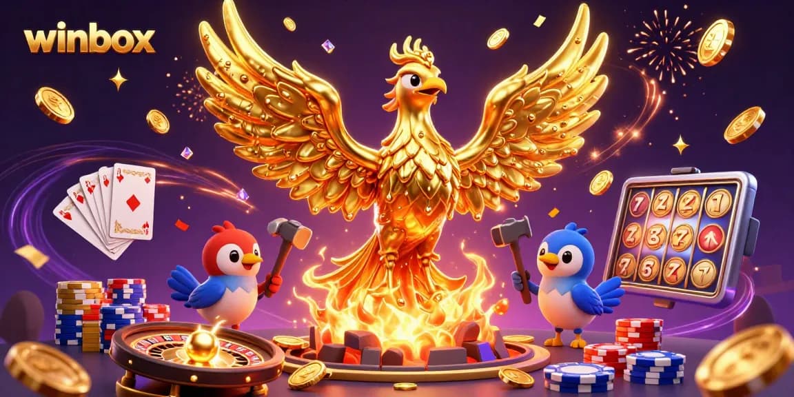Winbox offers a thrilling casino experience with golden phoenix, coins, and vibrant casino elements.