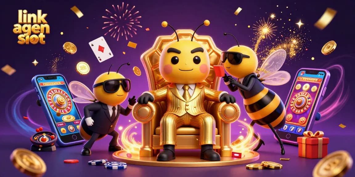 Engaging illustration of a bumblebee mob boss in a casino scene featuring slot games, captivating actions and vibrant details, link agen slot on display.