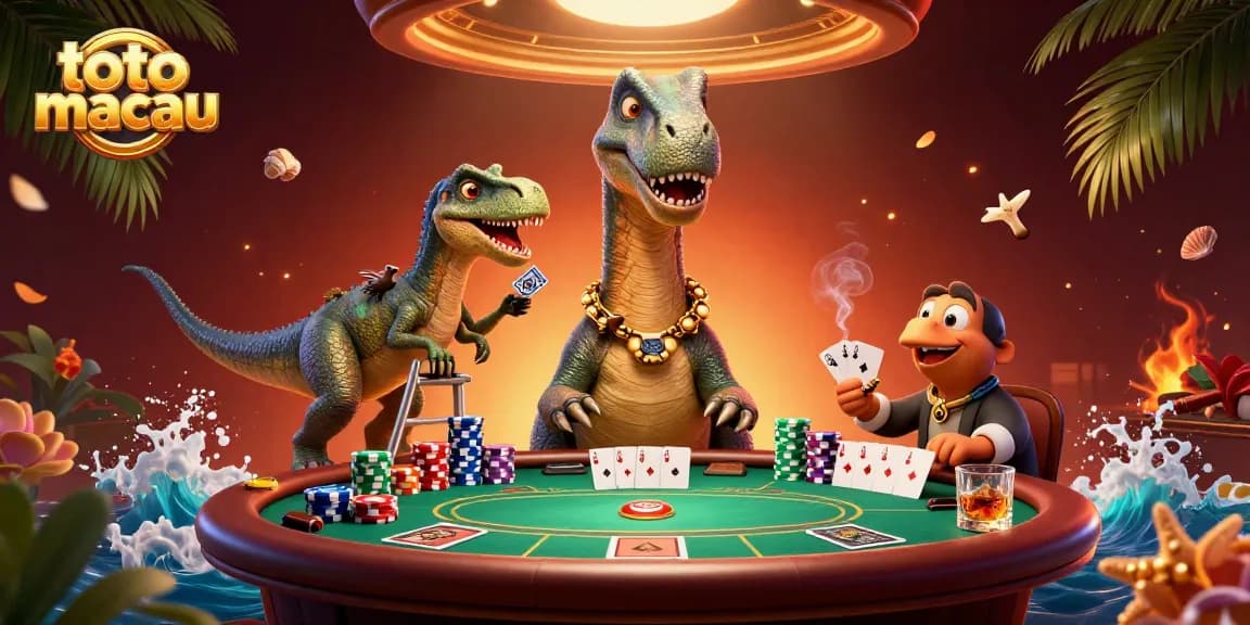 Permainan toto macau dengan dinosaurus dan keno di kasino yang penuh warna.