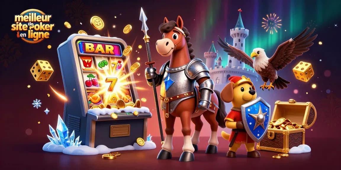 Jouez sur le meilleur site de poker en ligne dans une scène dynamique avec des personnages de casino et des éléments de jeu.