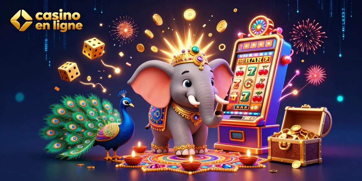 Jouez à casino en ligne avec un éléphant coloré et une machine à sous massive éclatante de pièces d'or.